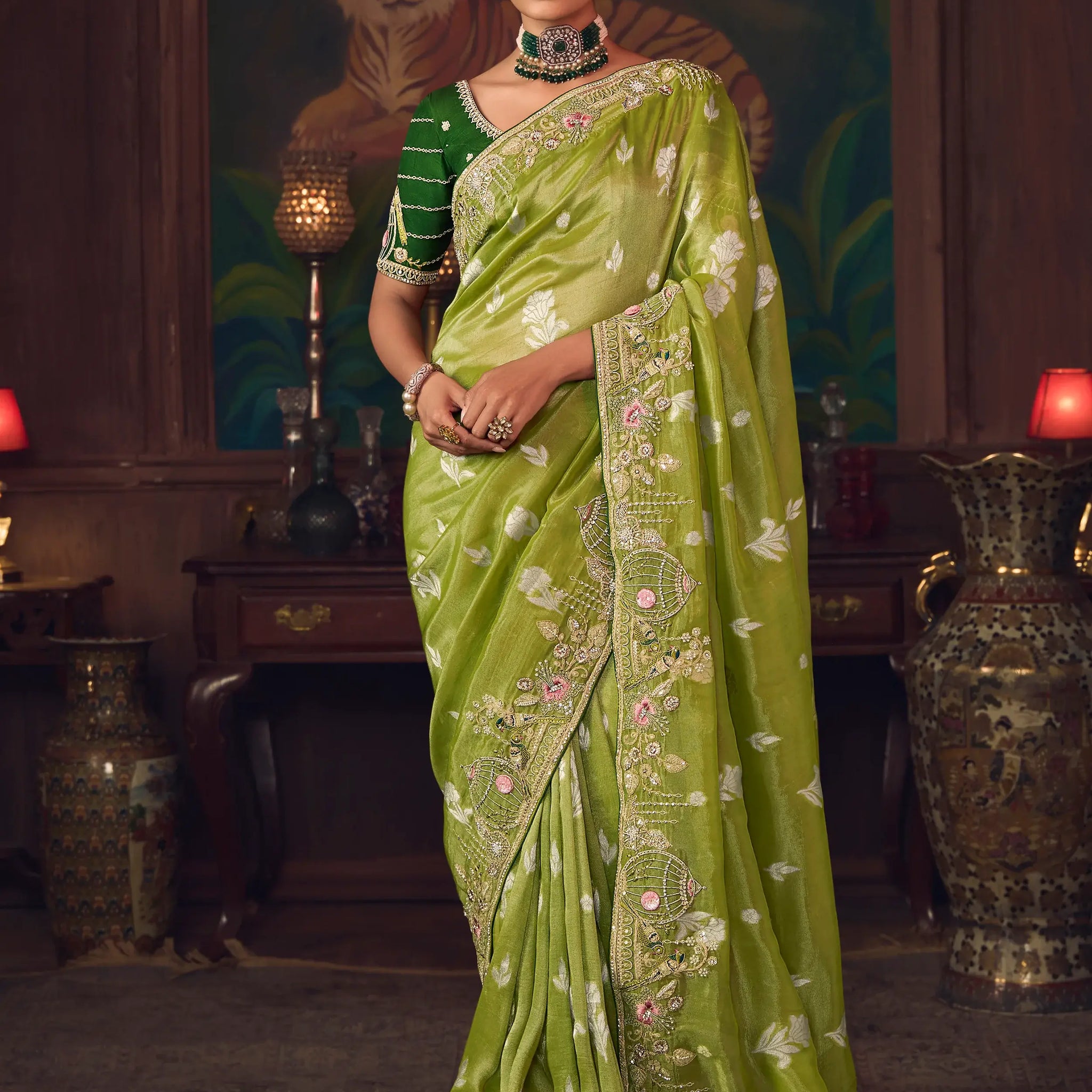 Fascinating Green Heavy Embroidered Silk Mehendi Wear Saree With Blouse