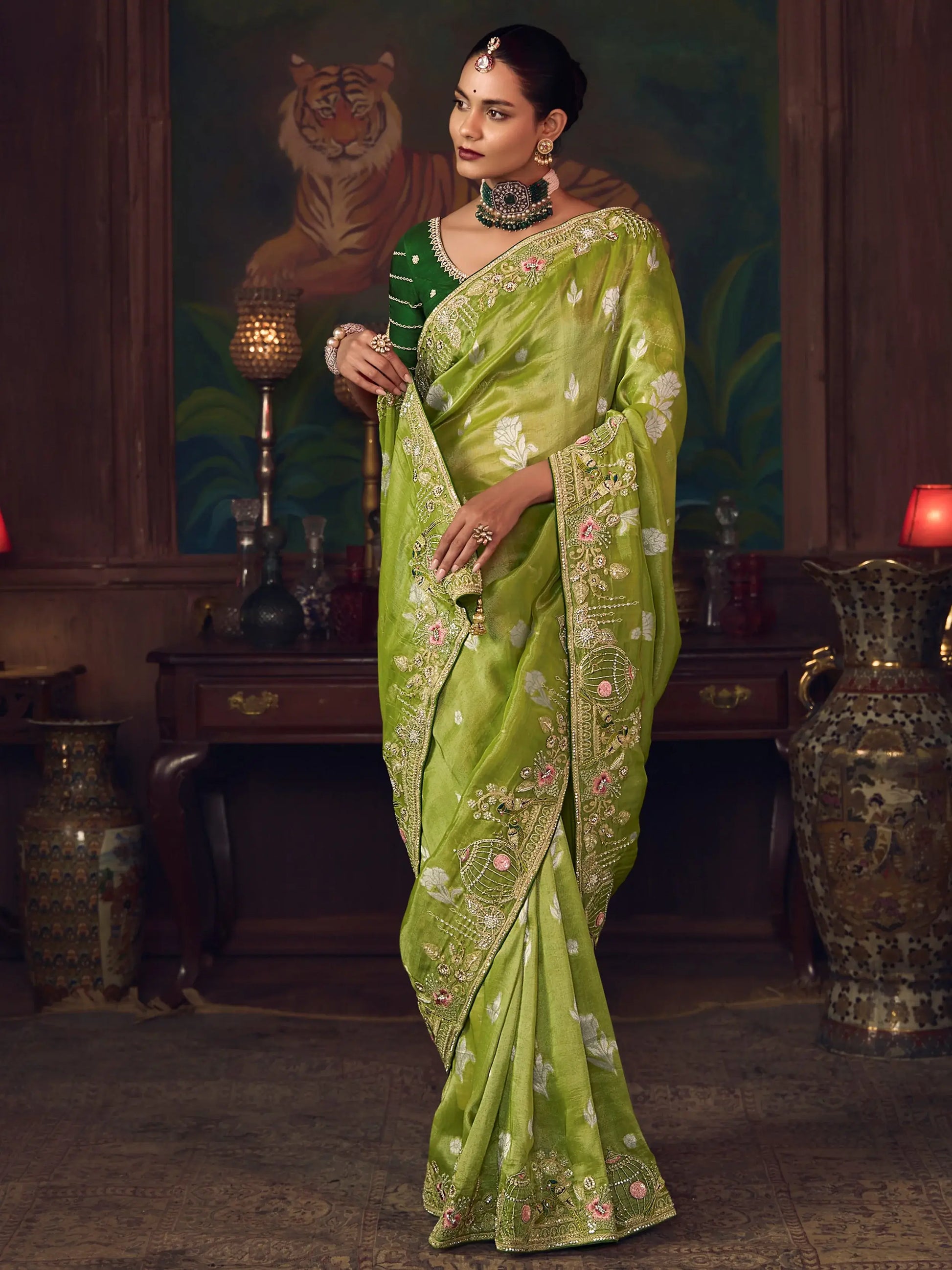 Fascinating Green Heavy Embroidered Silk Mehendi Wear Saree With Blouse