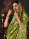 Fascinating Green Heavy Embroidered Silk Mehendi Wear Saree With Blouse