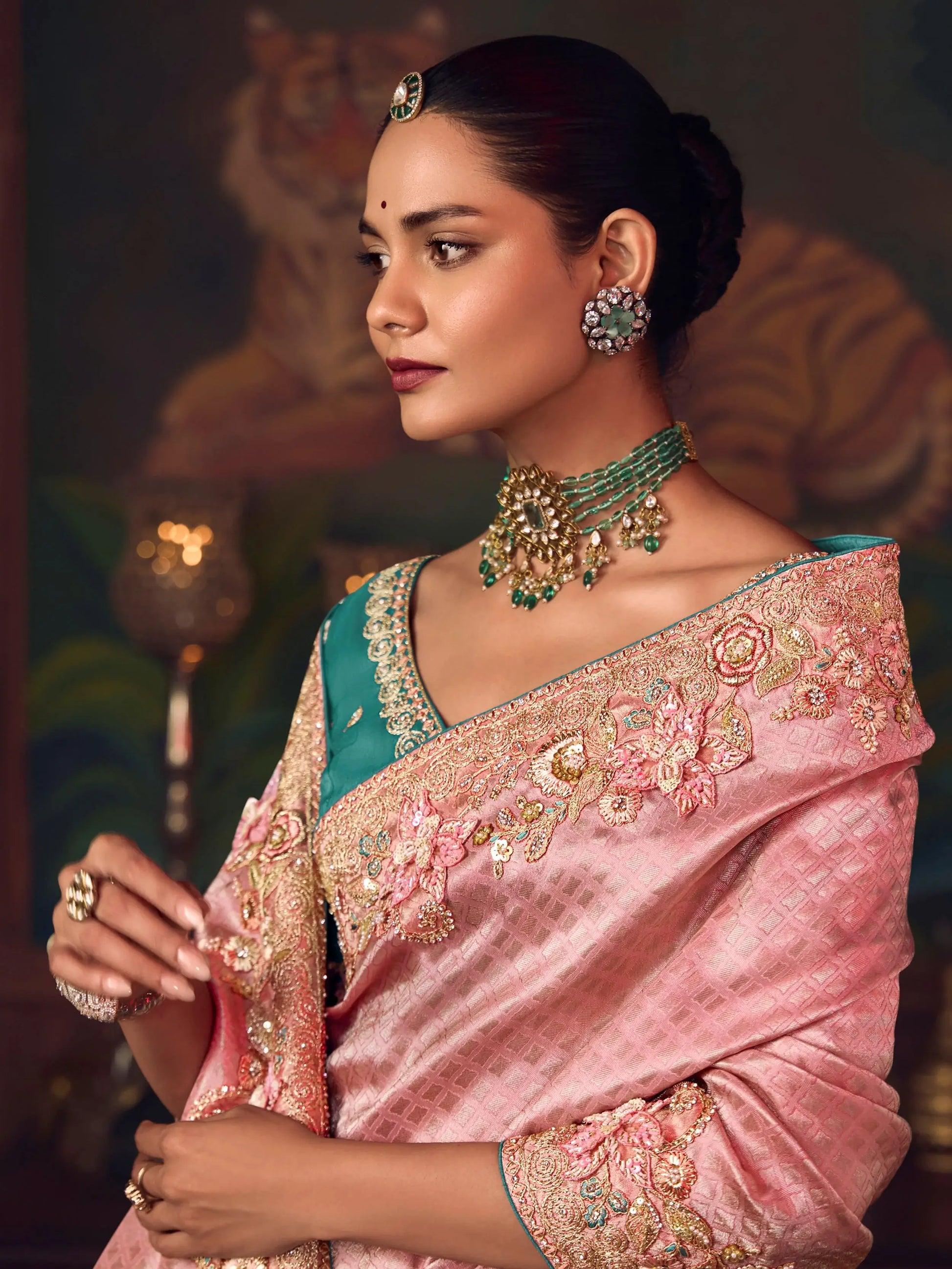 Stunning Pink Sequins Embroidery Silk Evening Wear Saree With Blouse