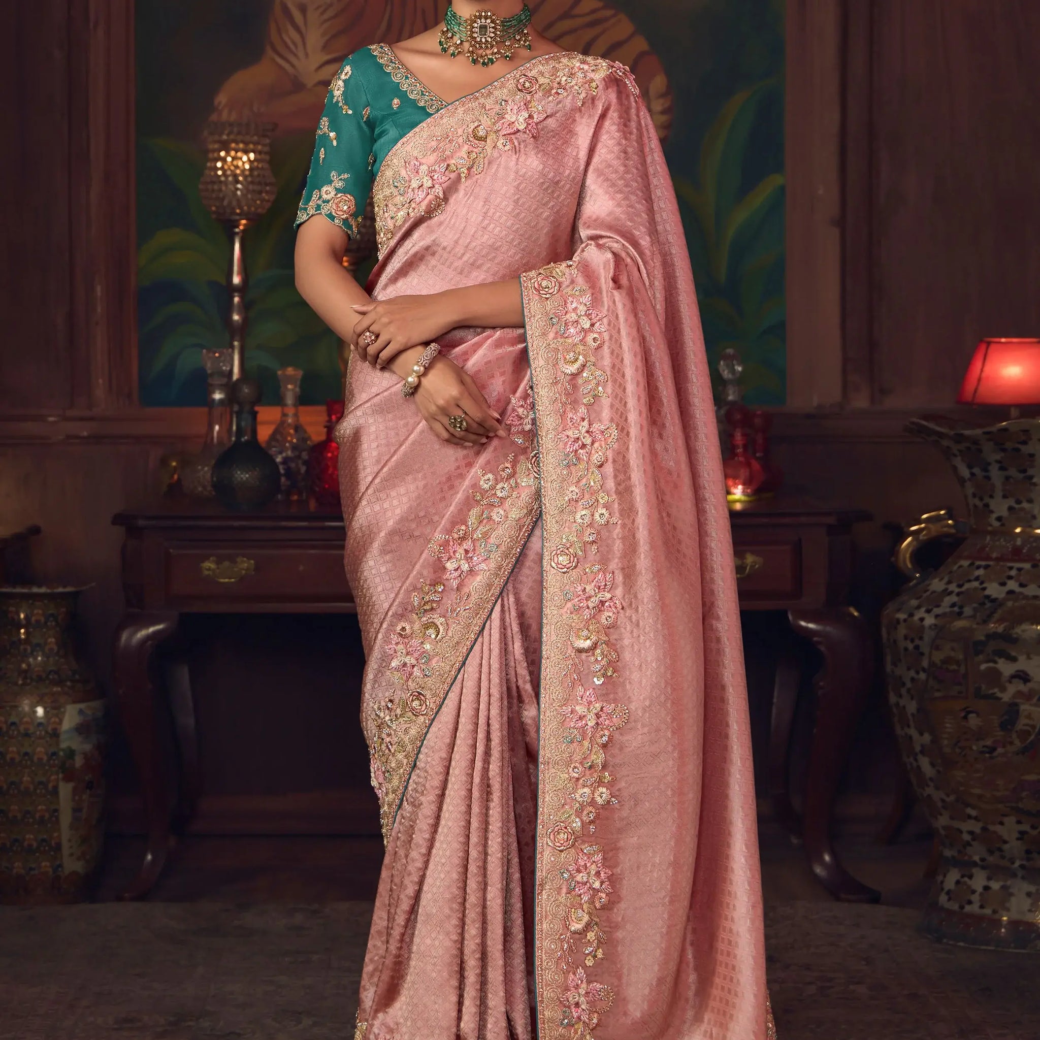 Stunning Pink Sequins Embroidery Silk Evening Wear Saree With Blouse