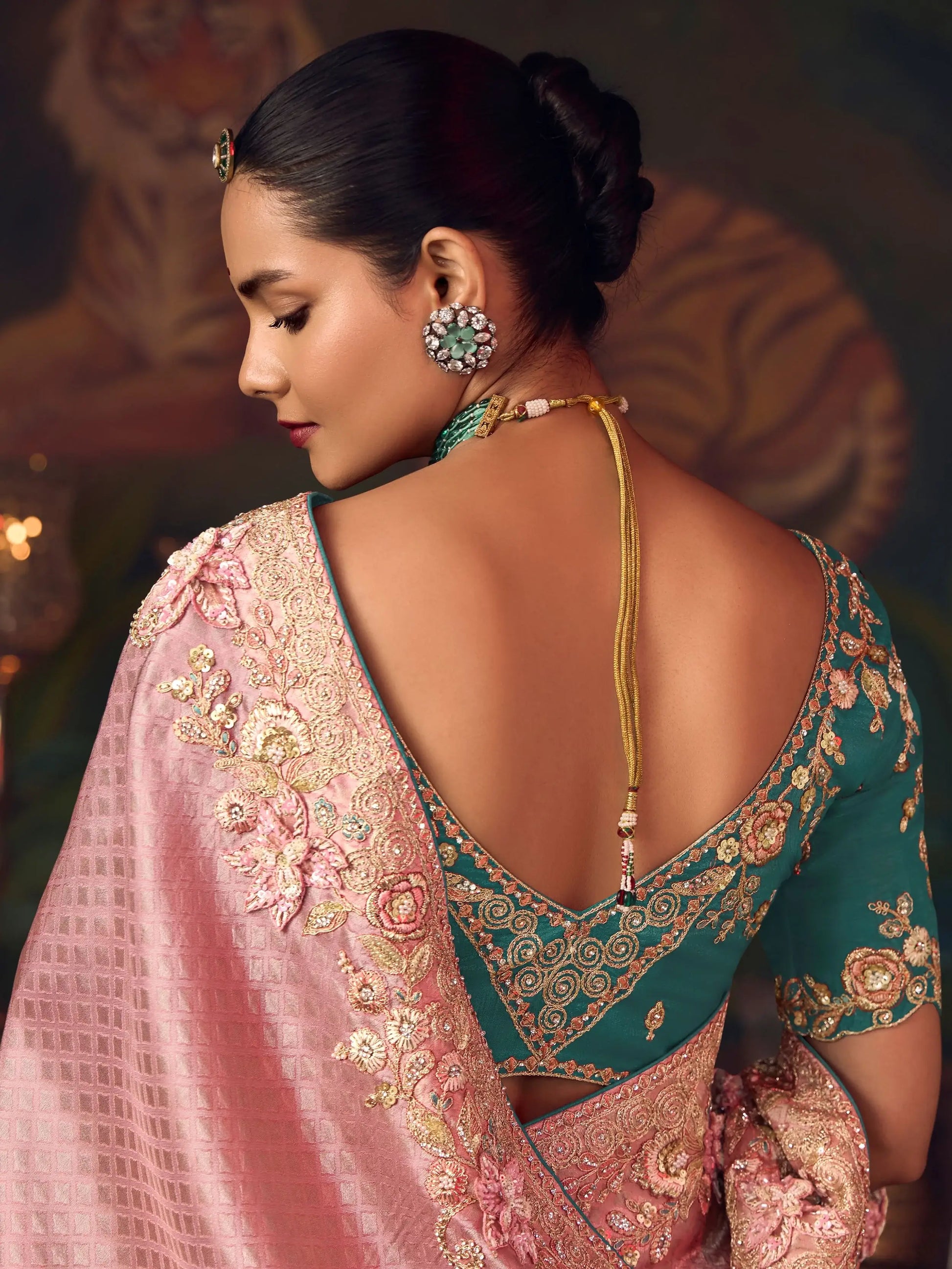 Stunning Pink Sequins Embroidery Silk Evening Wear Saree With Blouse