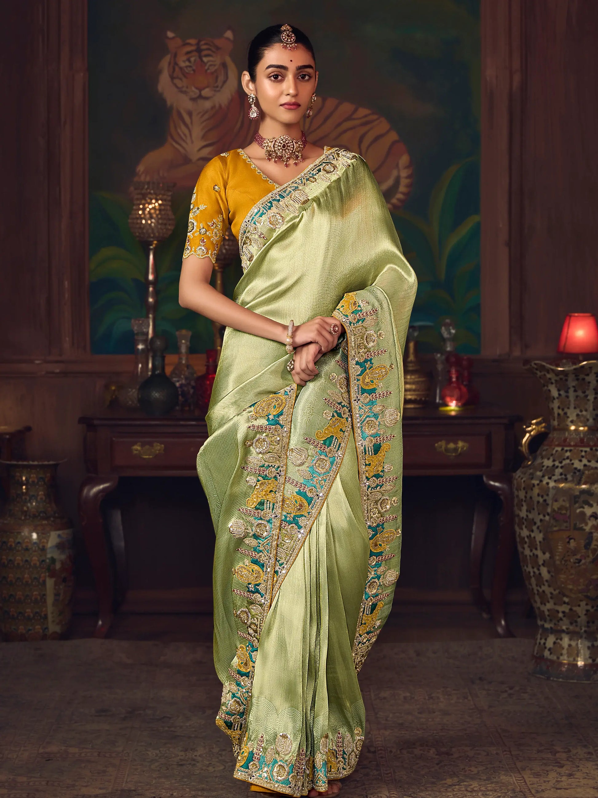 Pretty Pista Green Dori Embroidered Silk Event Wear Saree With Blouse
