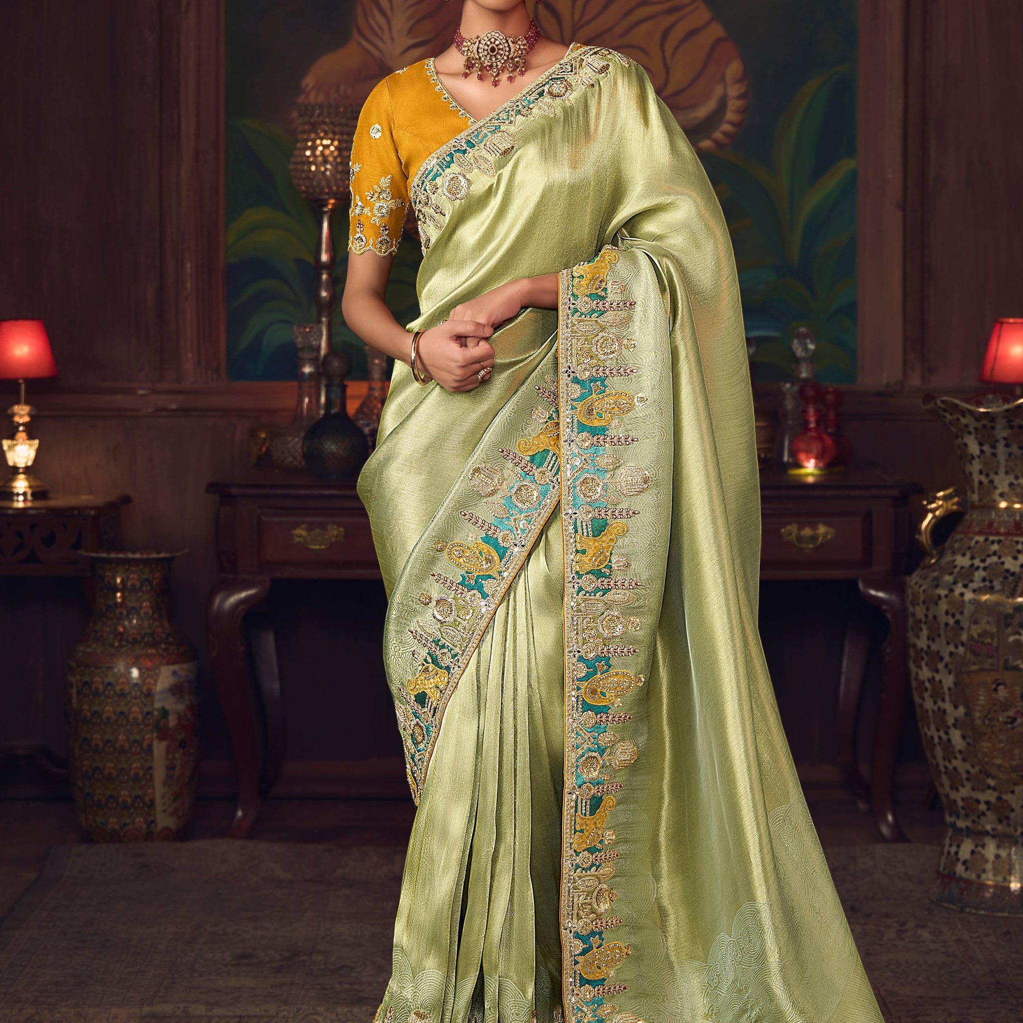 Pretty Pista Green Dori Embroidered Silk Event Wear Saree With Blouse