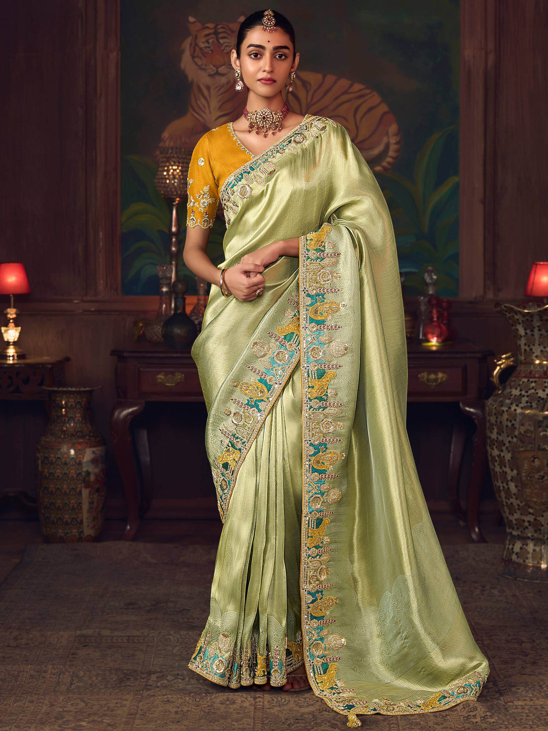 Pretty Pista Green Dori Embroidered Silk Event Wear Saree With Blouse