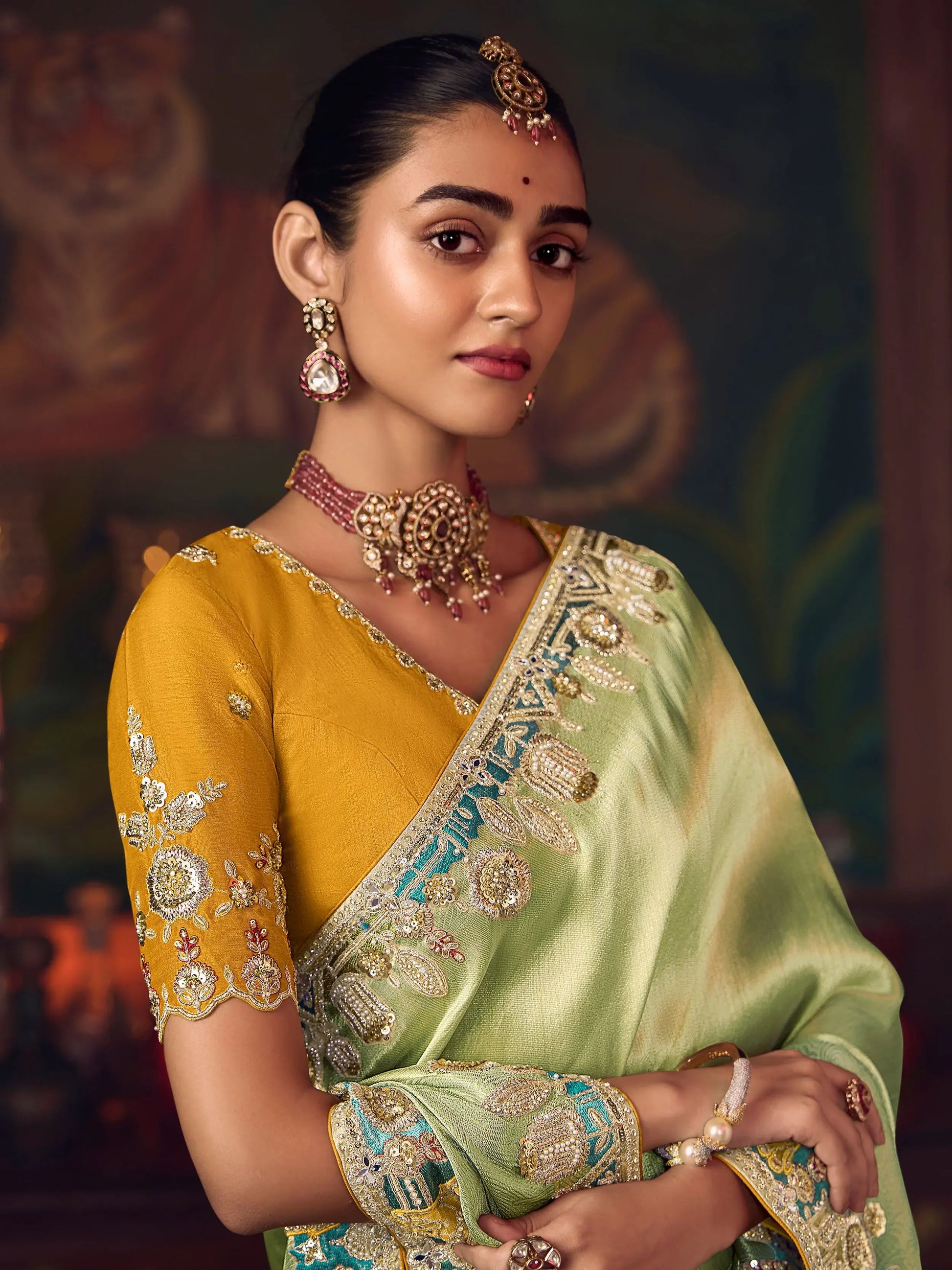 Pretty Pista Green Dori Embroidered Silk Event Wear Saree With Blouse