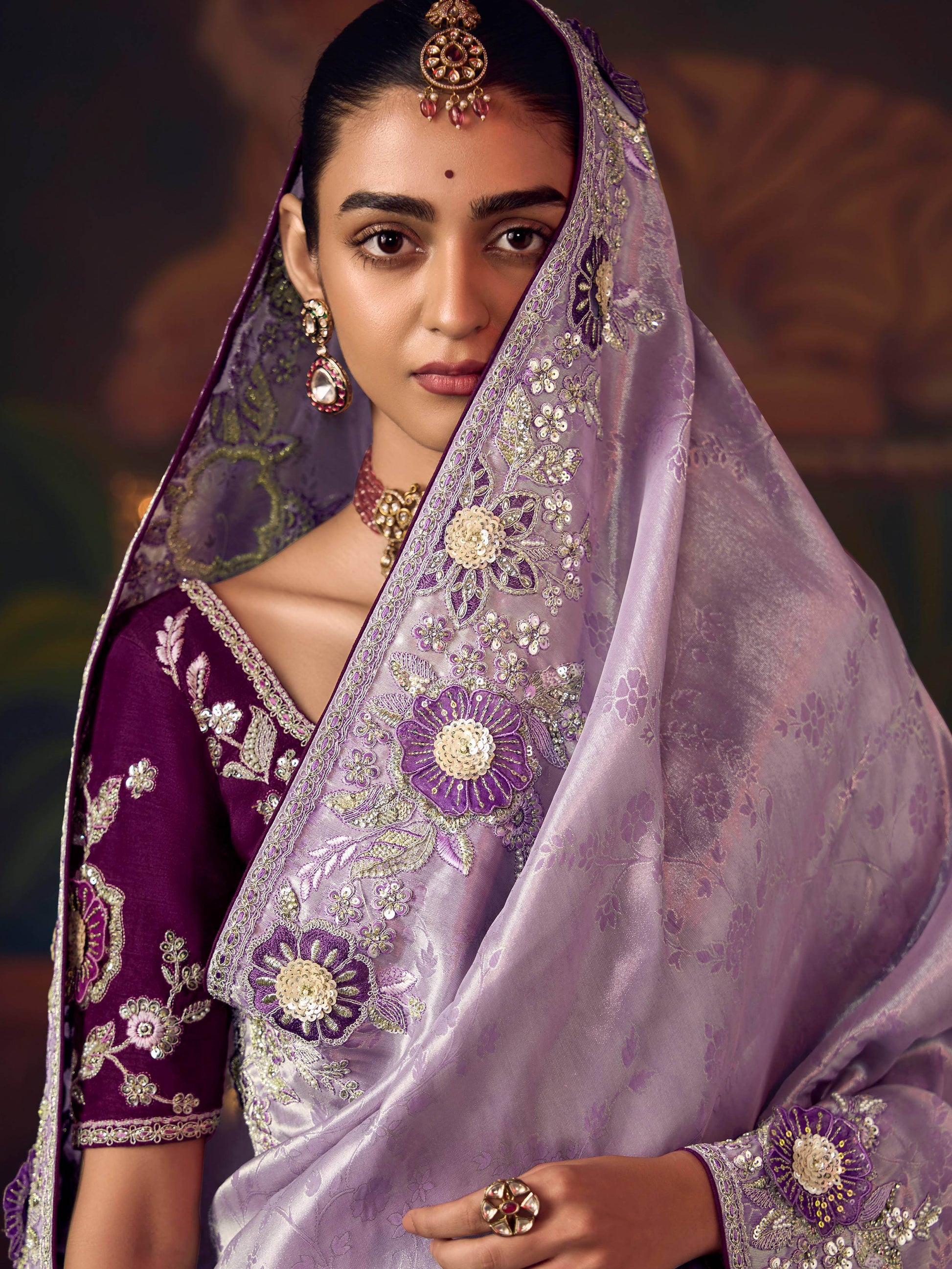 Grand Lavender Embroidered Border Silk Designer Saree With Blouse