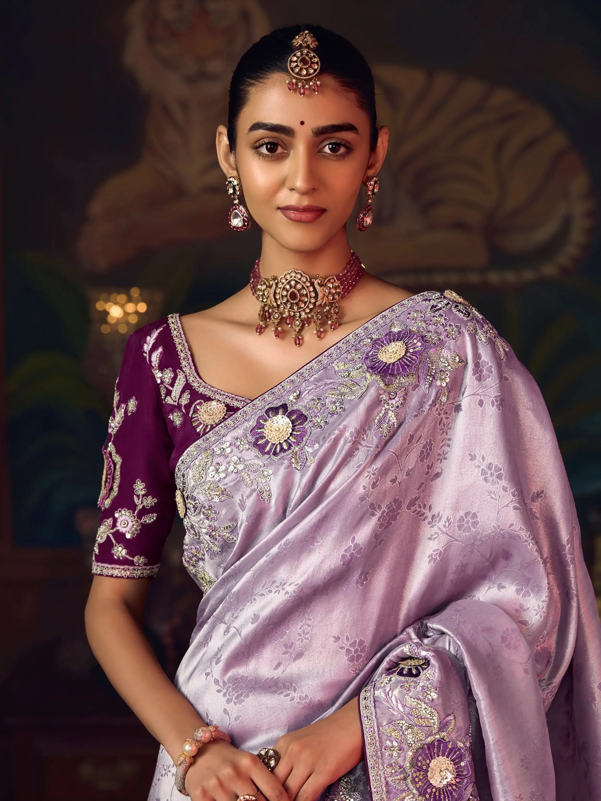 Grand Lavender Embroidered Border Silk Designer Saree With Blouse