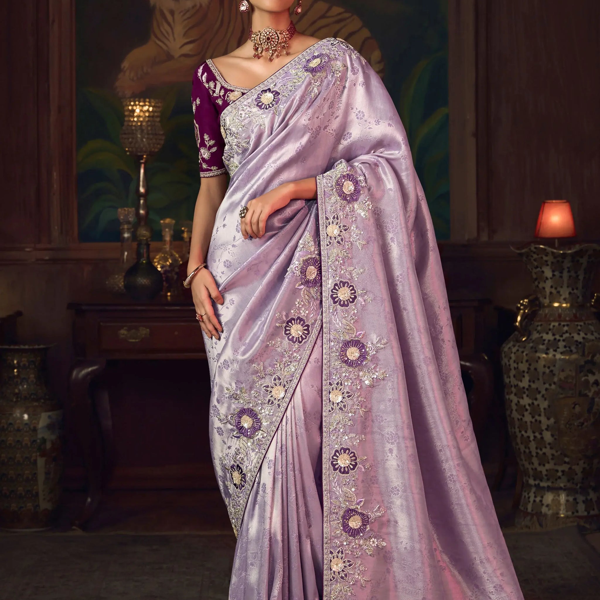 Grand Lavender Embroidered Border Silk Designer Saree With Blouse