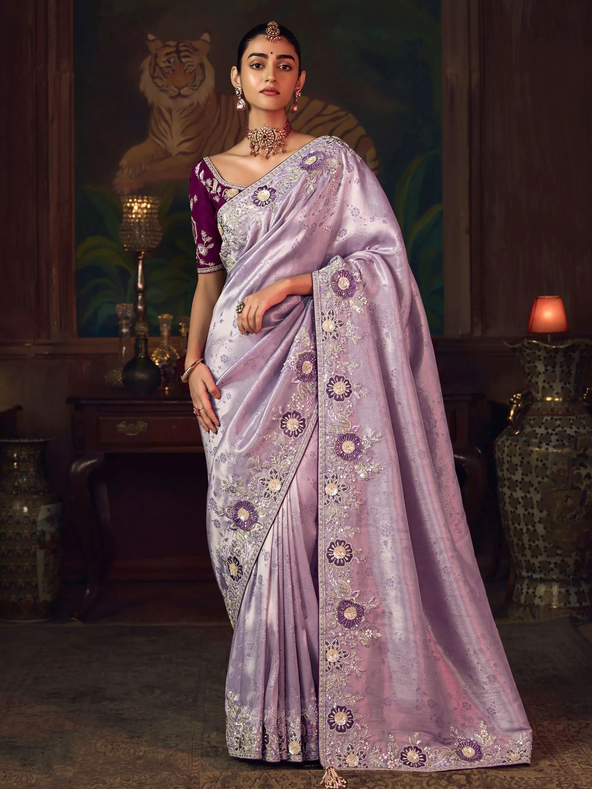 Grand Lavender Embroidered Border Silk Designer Saree With Blouse
