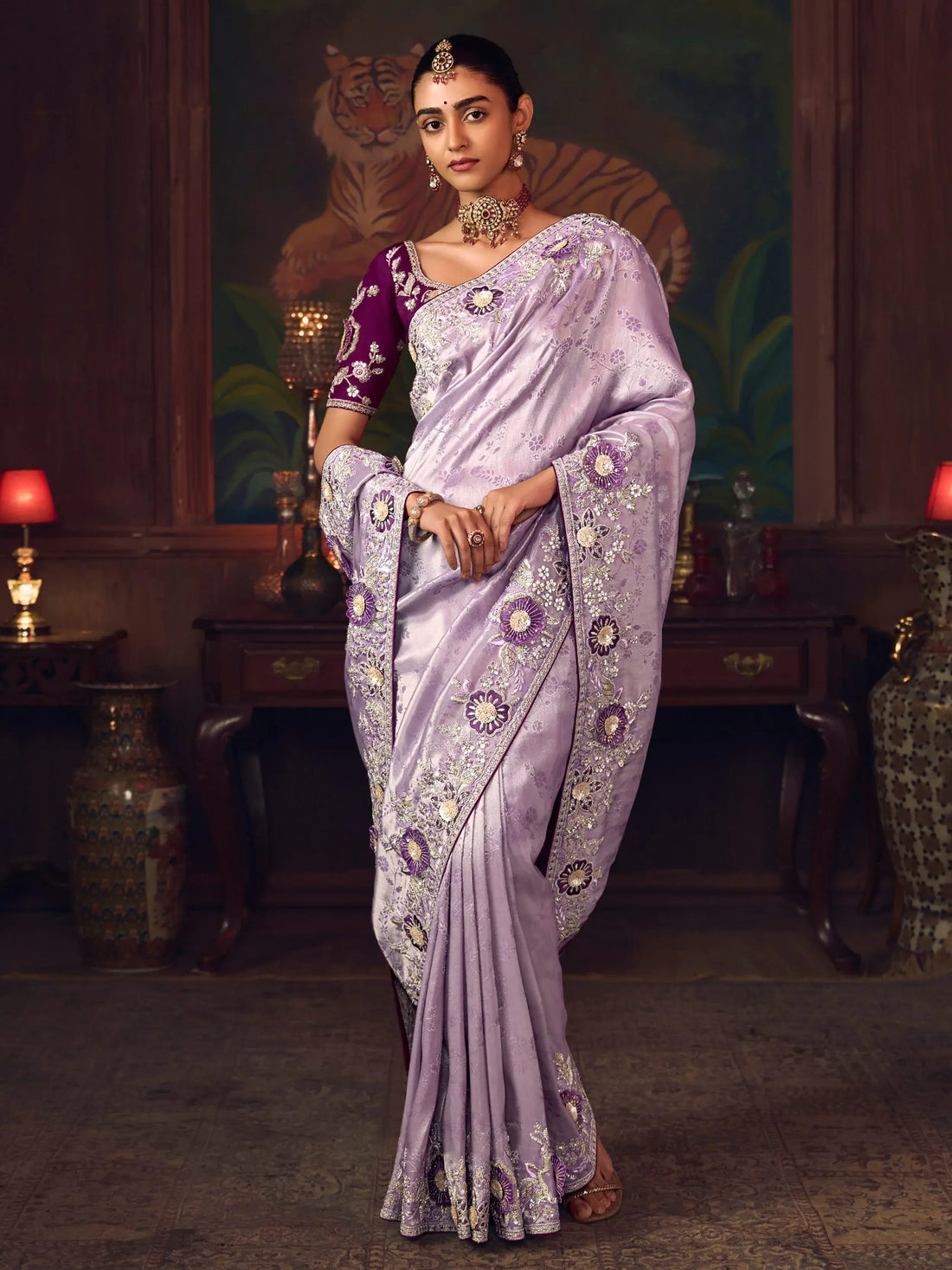 Grand Lavender Embroidered Border Silk Designer Saree With Blouse