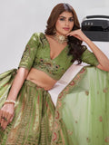Pretty Olive Green Dori Work Banarasi Silk Mehendi Wear Lehenga With Blouse