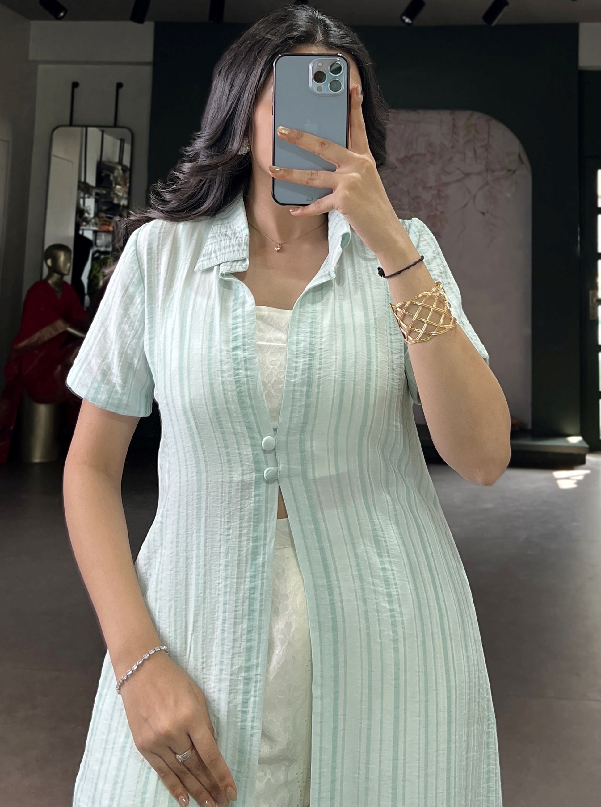 Adorable Mint Green Printed Cotton Casual Wear Co-Ord Set With Shrug