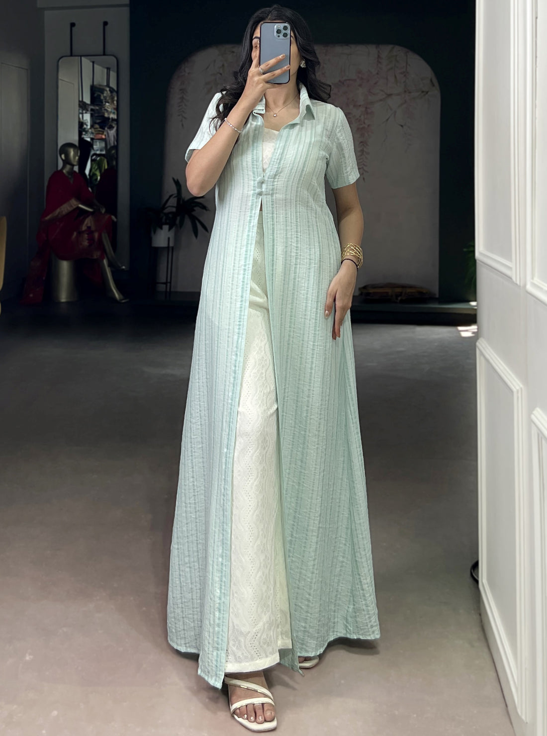 Adorable Mint Green Printed Cotton Casual Wear Co-Ord Set With Shrug