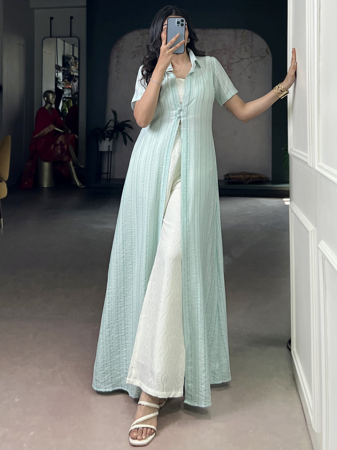 Adorable Mint Green Printed Cotton Casual Wear Co-Ord Set With Shrug