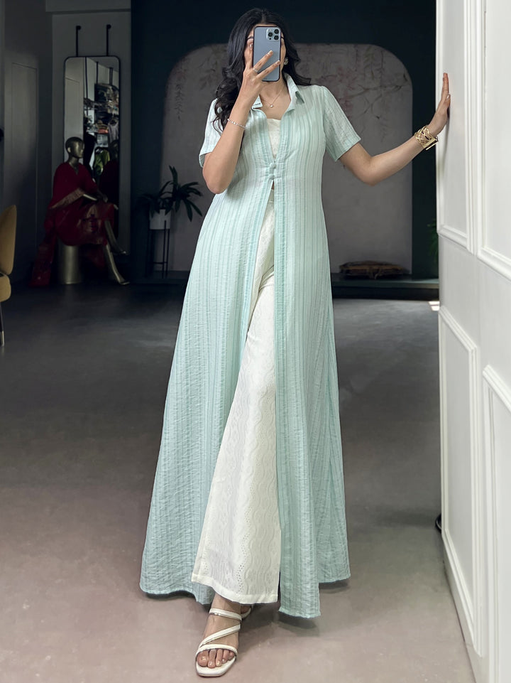 Adorable Mint Green Printed Cotton Casual Wear Co-Ord Set With Shrug