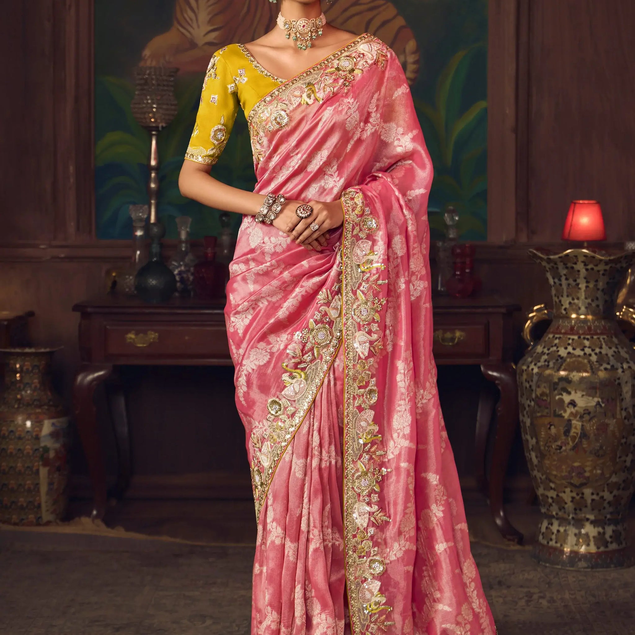 Great Rose Pink Heavy Border Work Silk Bridesmaid Saree With Blouse