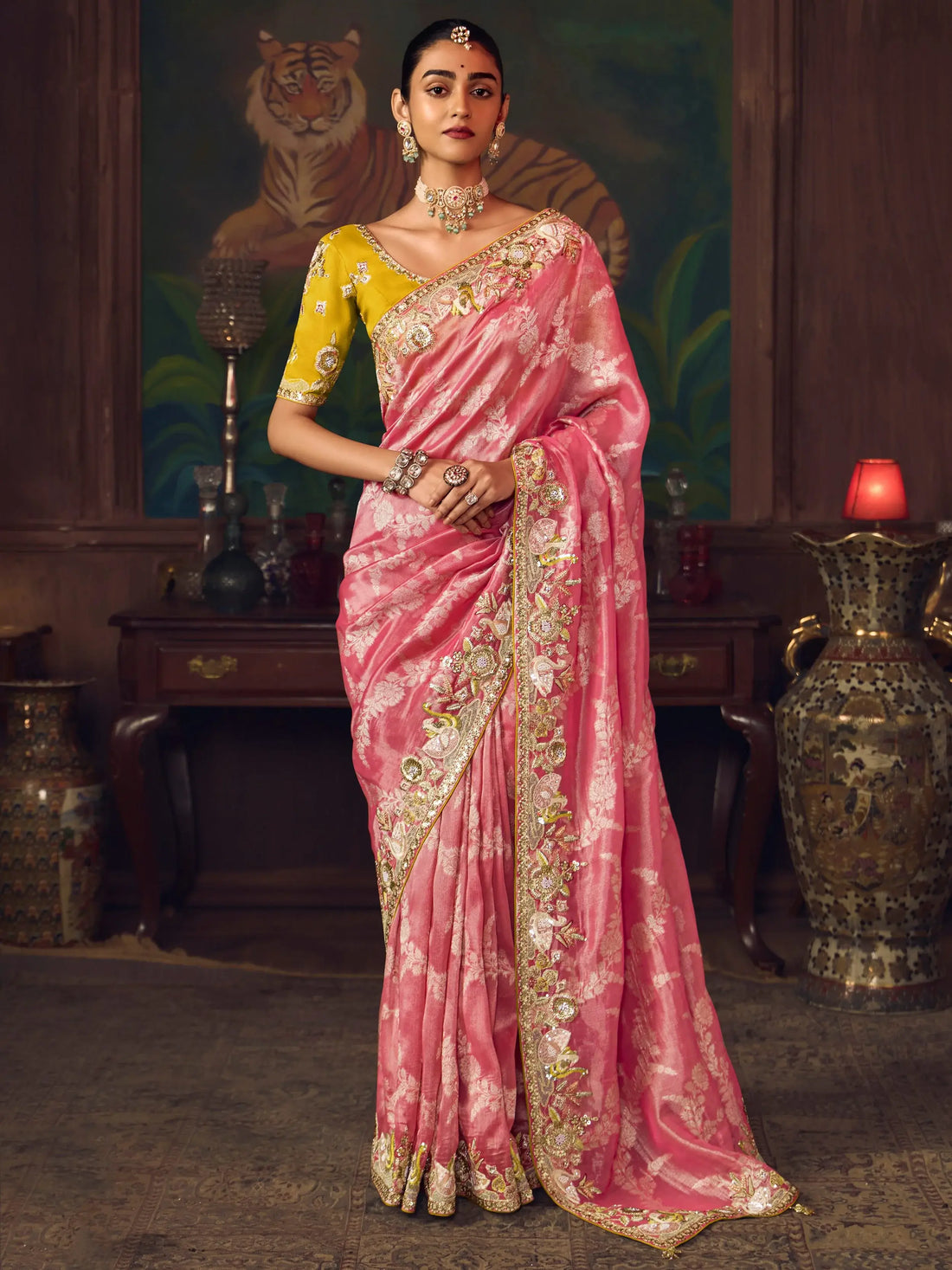 Great Rose Pink Heavy Border Work Silk Bridesmaid Saree With Blouse