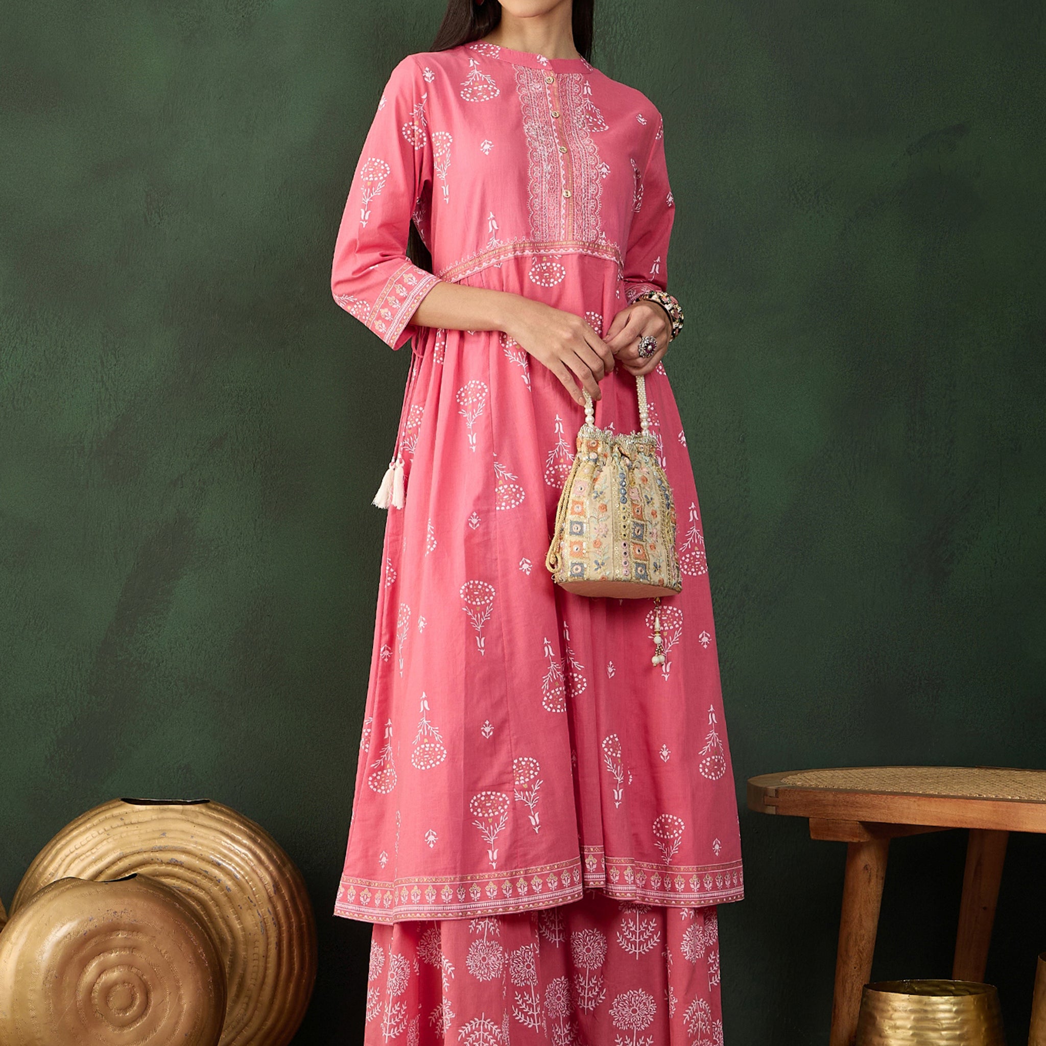 Wonderful Pink Printed Cotton Festival Wear Palazzo Suit
