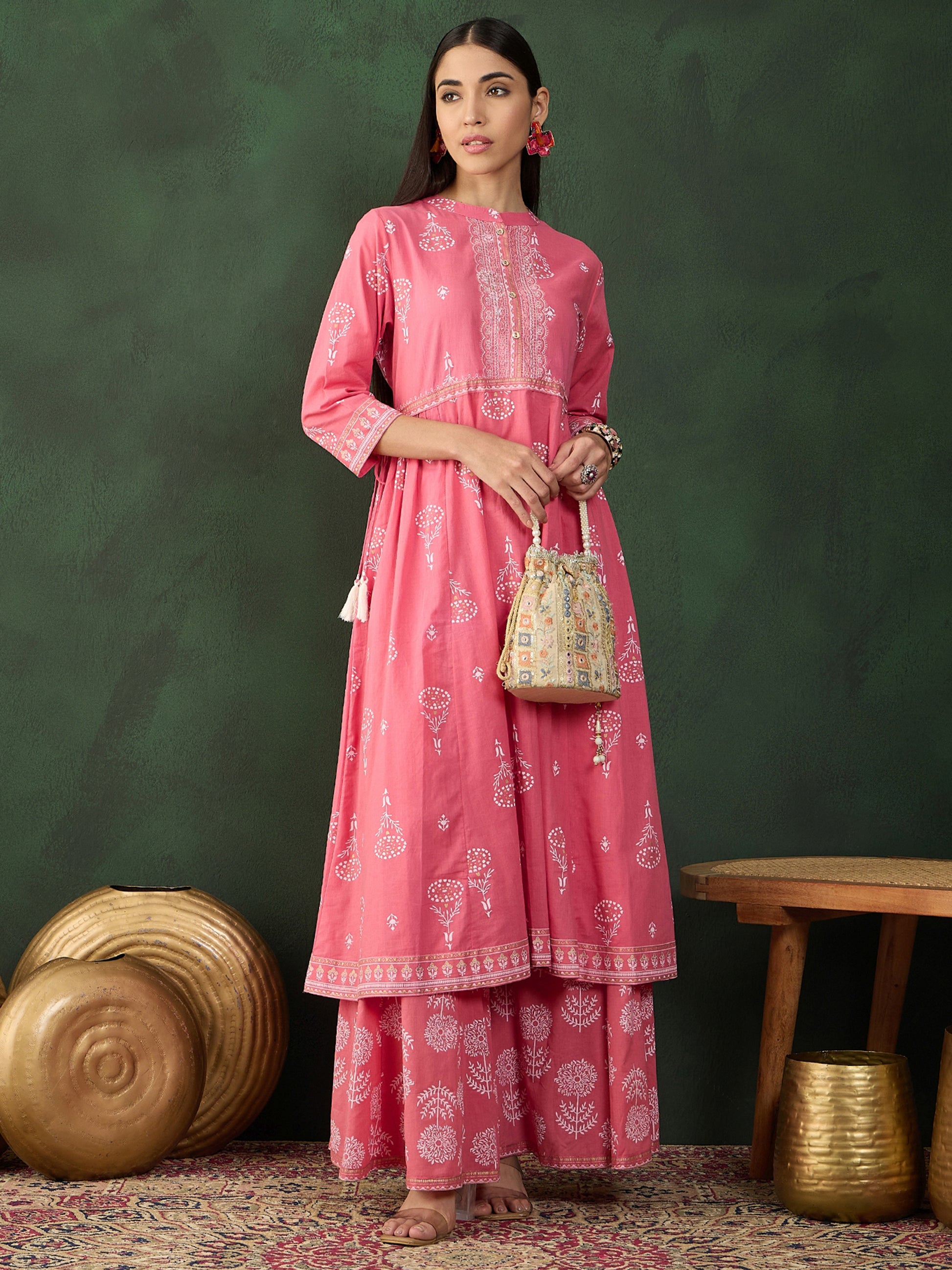 Wonderful Pink Printed Cotton Festival Wear Palazzo Suit