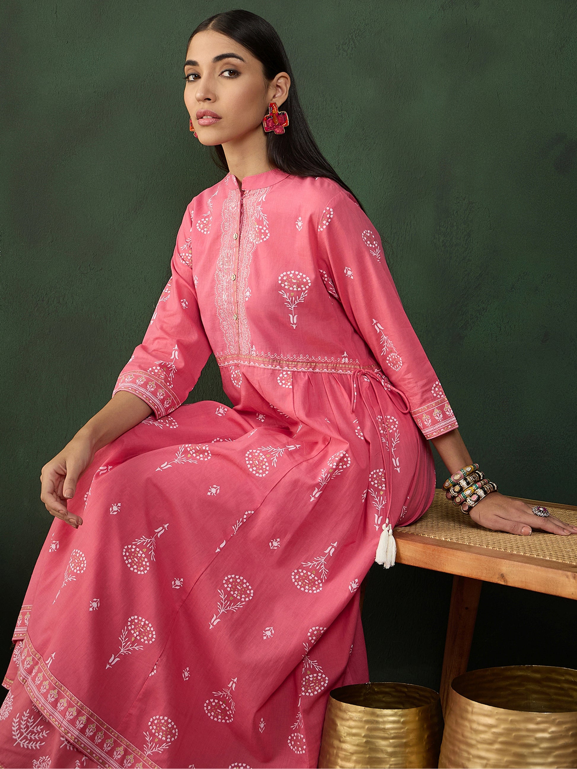Wonderful Pink Printed Cotton Festival Wear Palazzo Suit