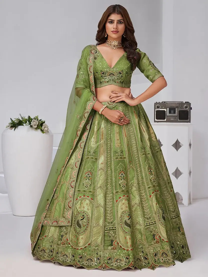 Pretty Olive Green Dori Work Banarasi Silk Mehendi Wear Lehenga With Blouse