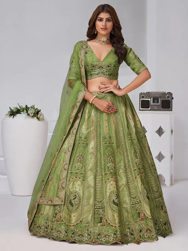 Pretty Olive Green Dori Work Banarasi Silk Mehendi Wear Lehenga With Blouse