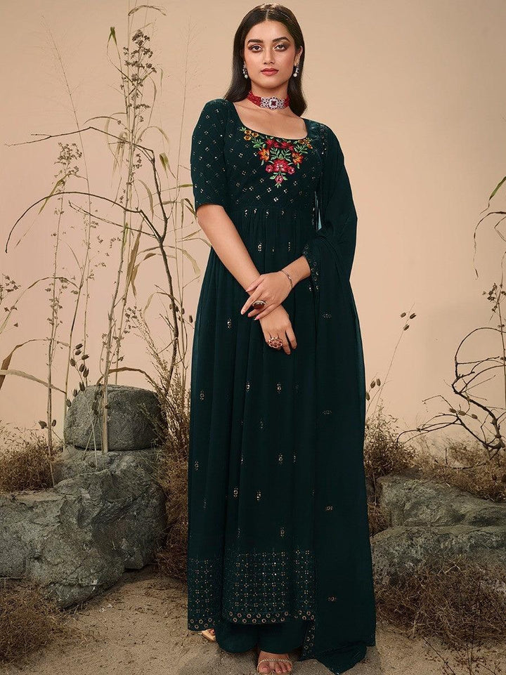 Exquisite Dark Olive Green Sequins Georgette Ready-Made Palazzo Suit