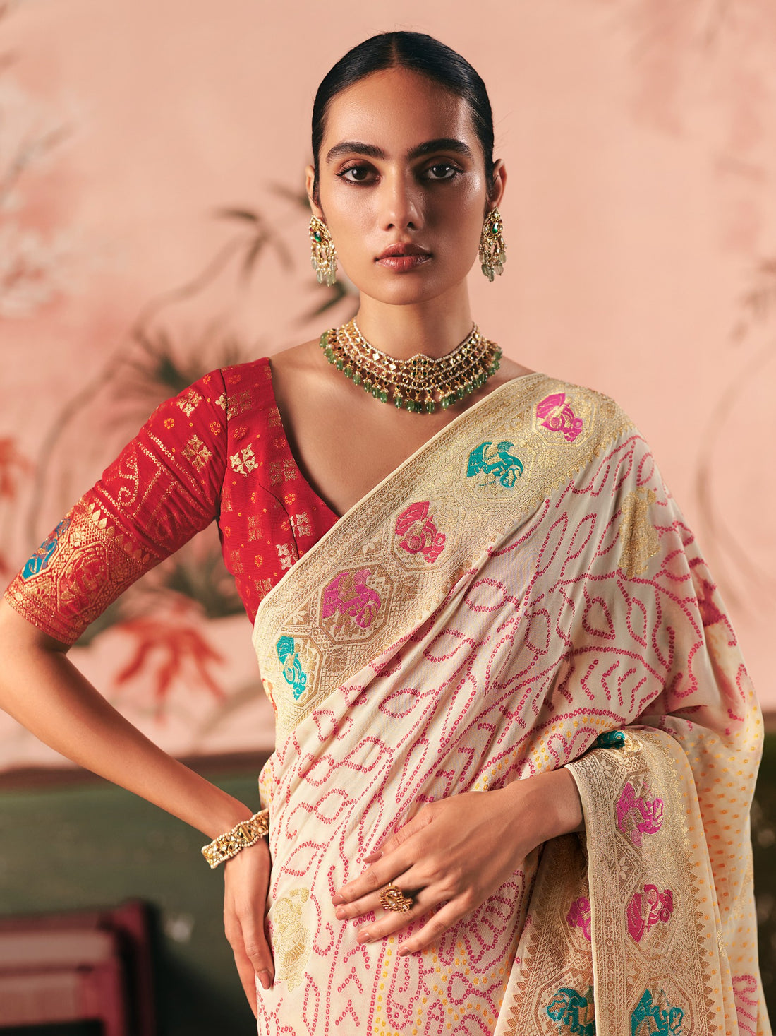 Classic Cream Zari Weaving Silk Wedding Wear Saree With Blouse