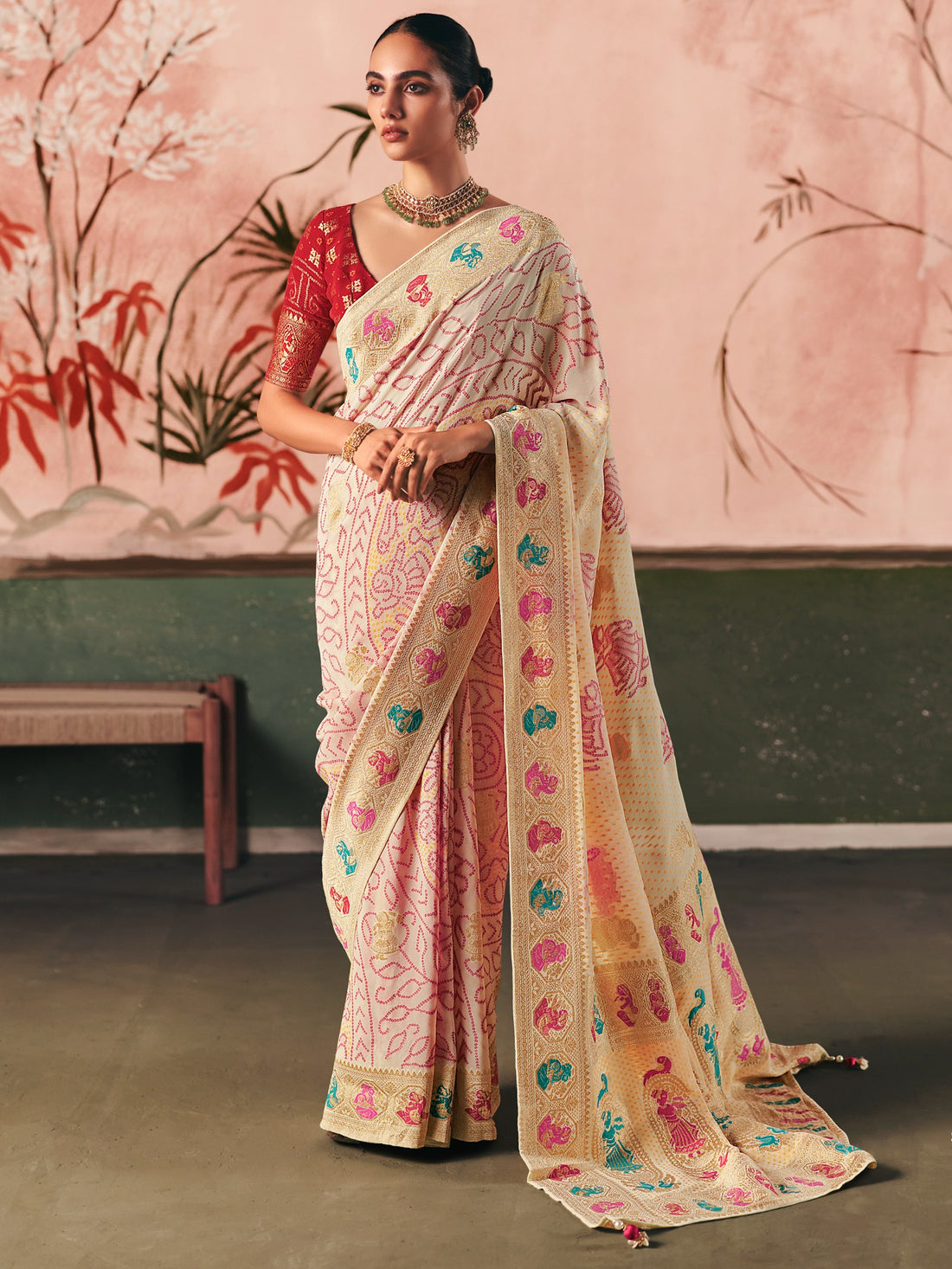 Classic Cream Zari Weaving Silk Wedding Wear Saree With Blouse