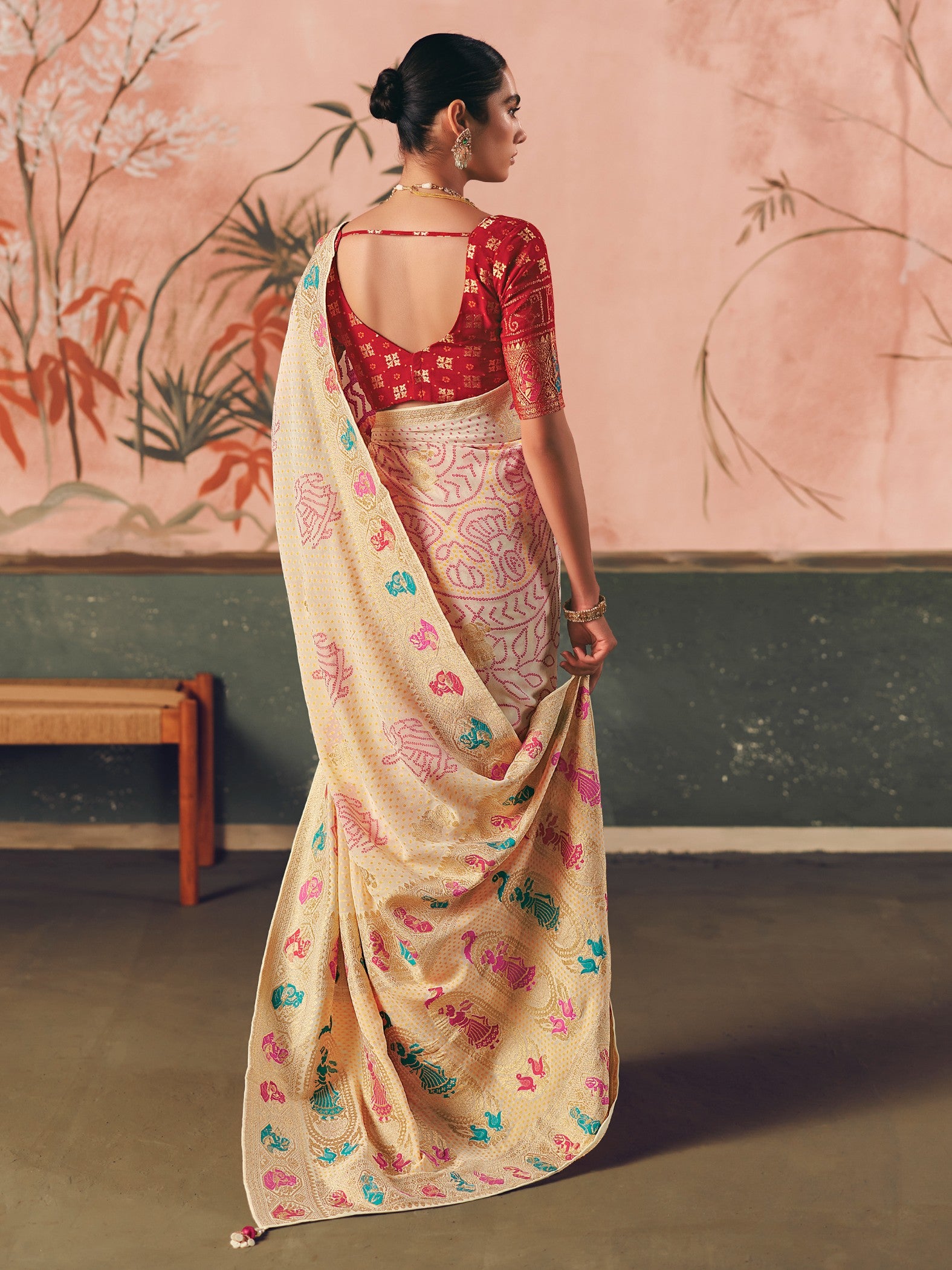 Classic Cream Zari Weaving Silk Wedding Wear Saree With Blouse