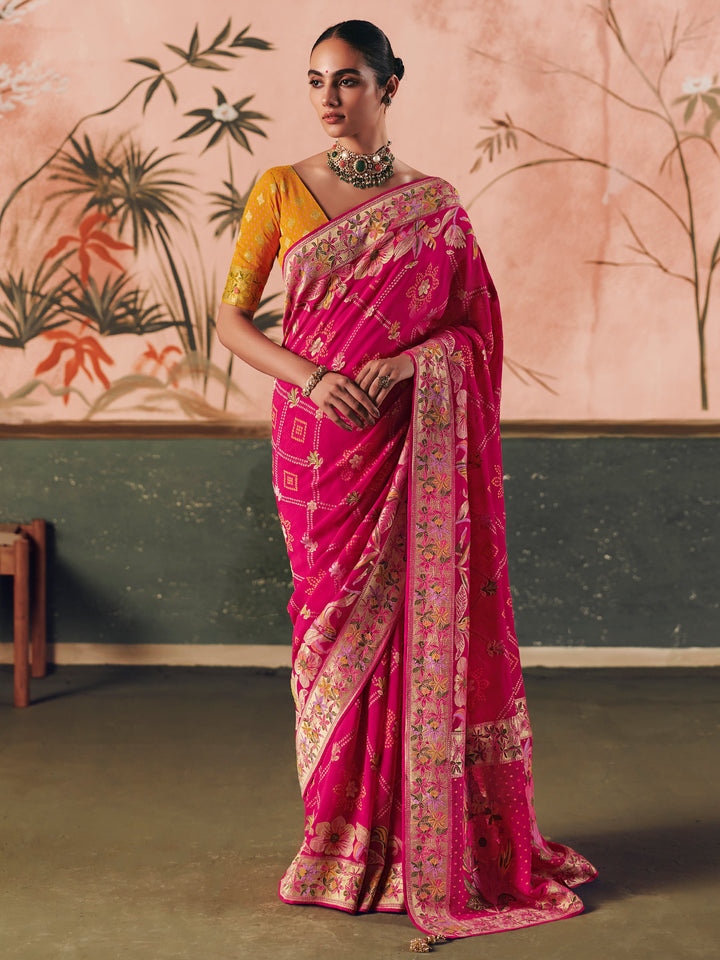 Appealing Hot Pink Weaving Work Silk Engagement Wear Saree With Blouse