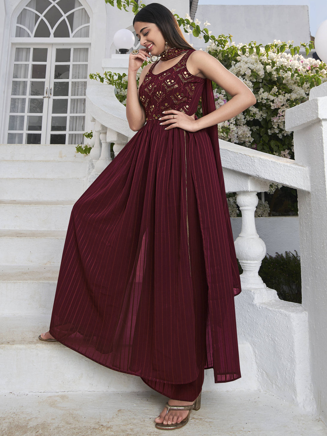 Magnific Maroon Embroidered Georgette Festival Wear Salwar Kameez
