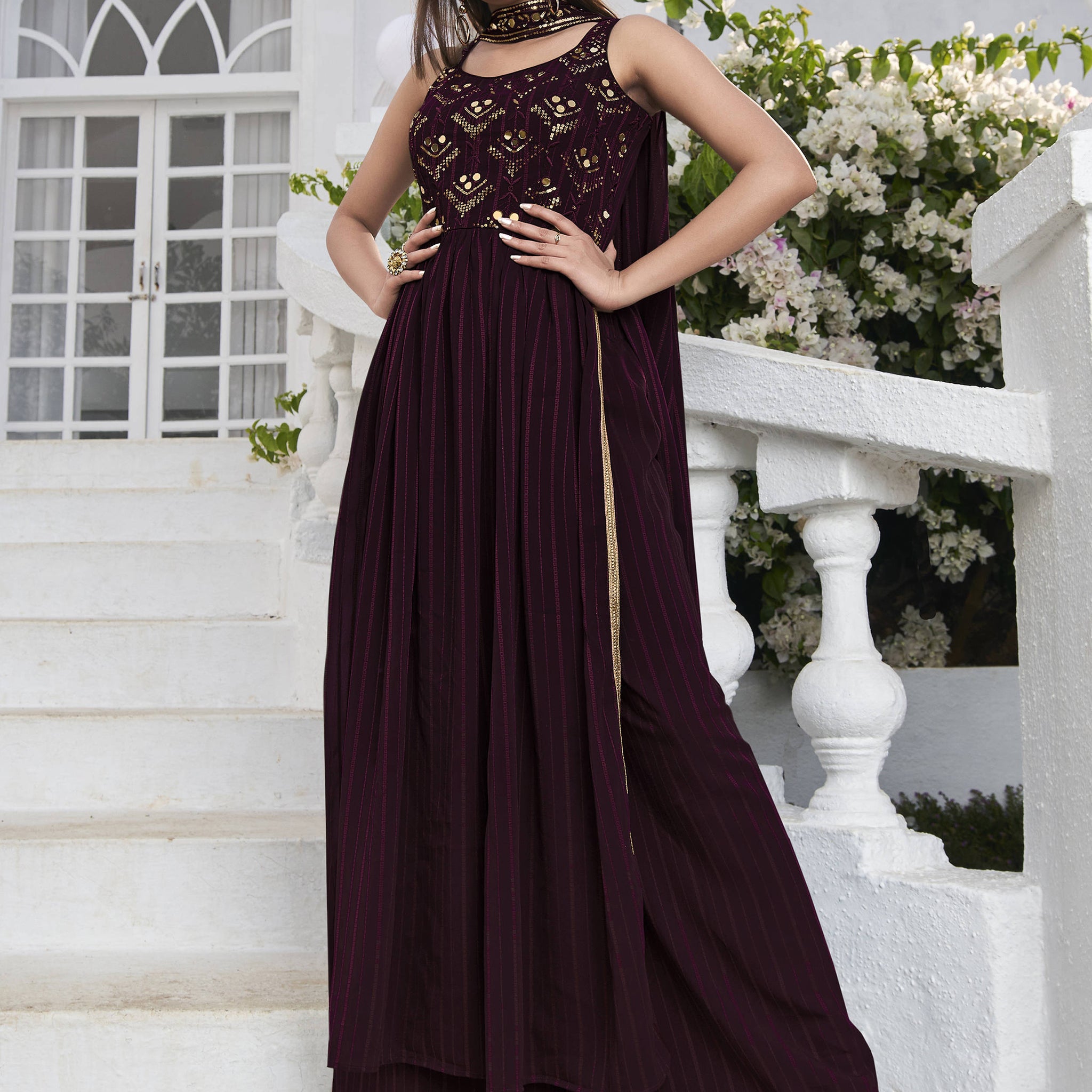 Attractive Purple Embroidered Georgette Event Wear Salwar Kameez