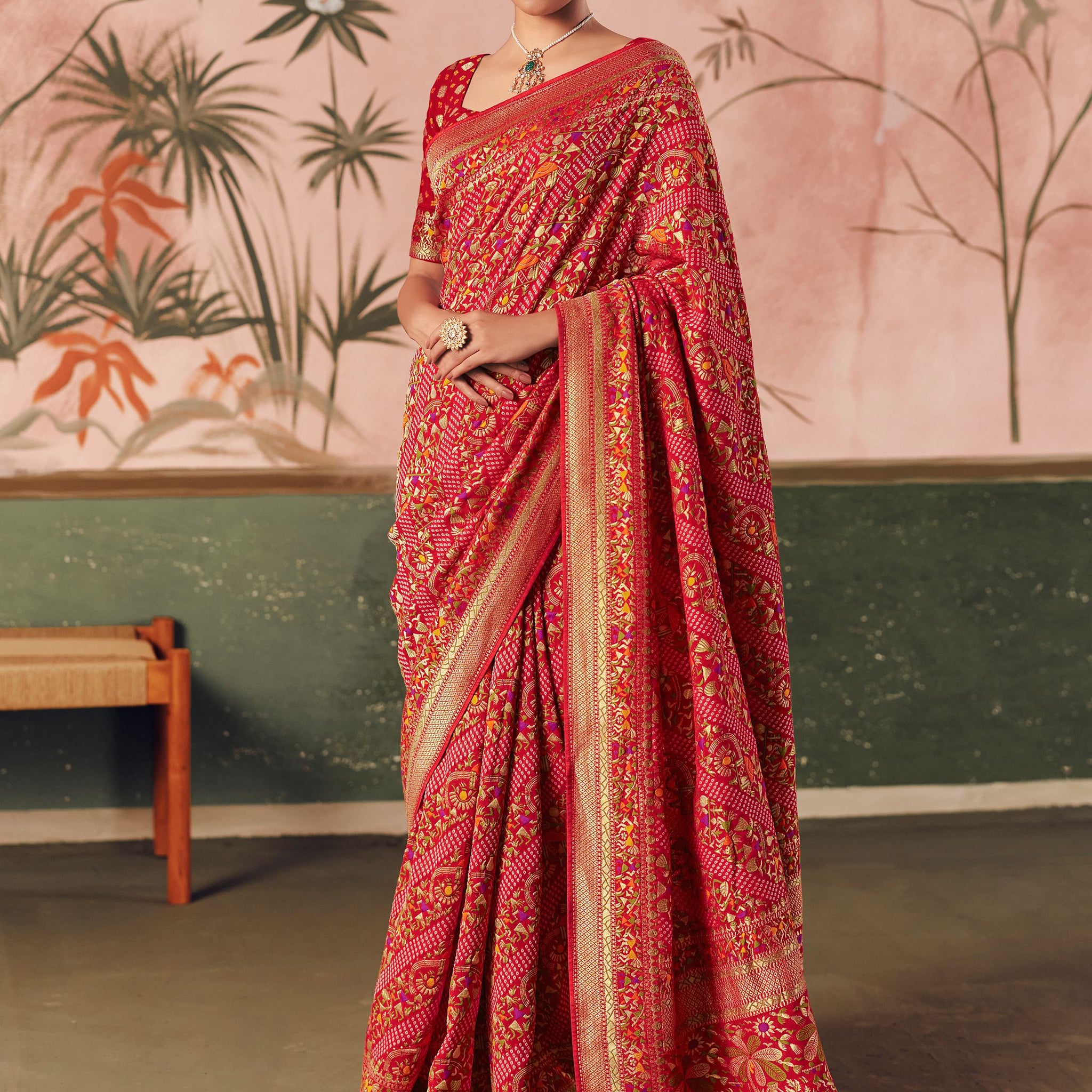 Attractive Red Weaving Work Silk Bridal Wear Saree With Blouse