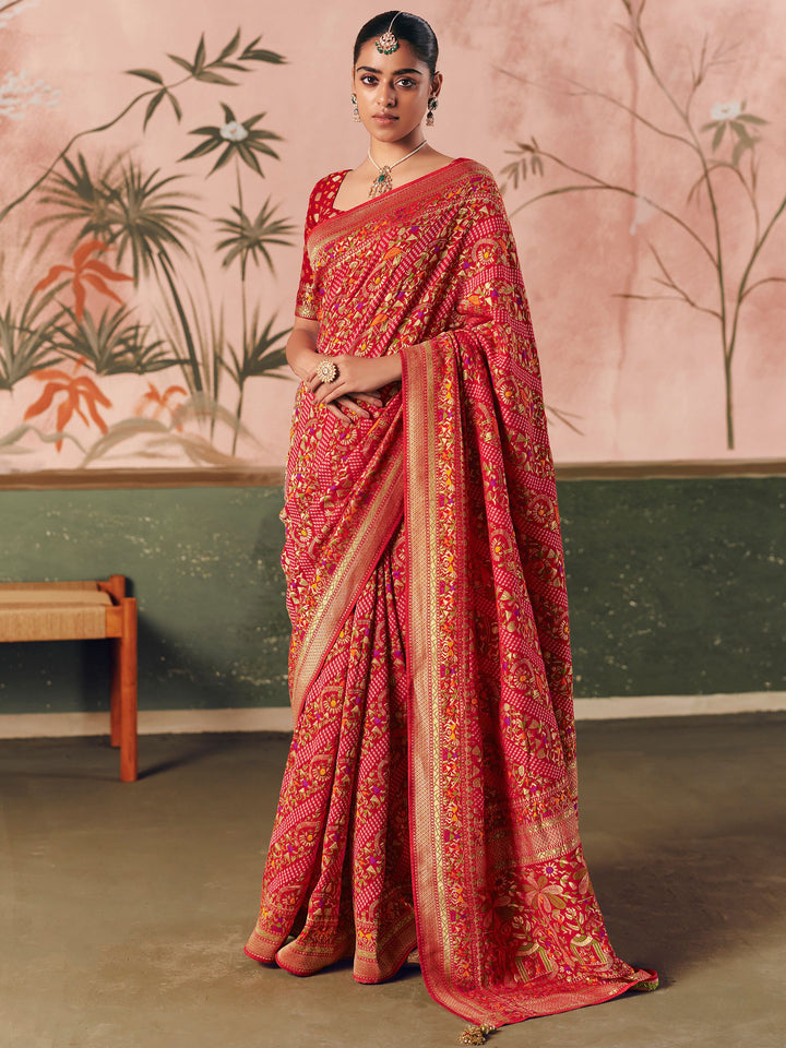 Attractive Red Weaving Work Silk Bridal Wear Saree With Blouse