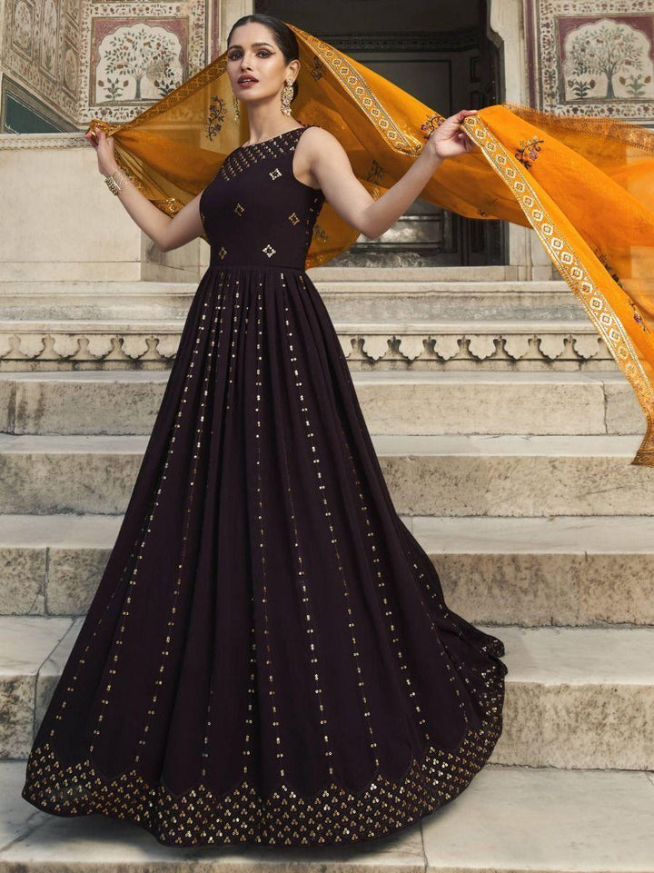 Purple Sequins Work Georgette Festival Wear Gown With Dupatta