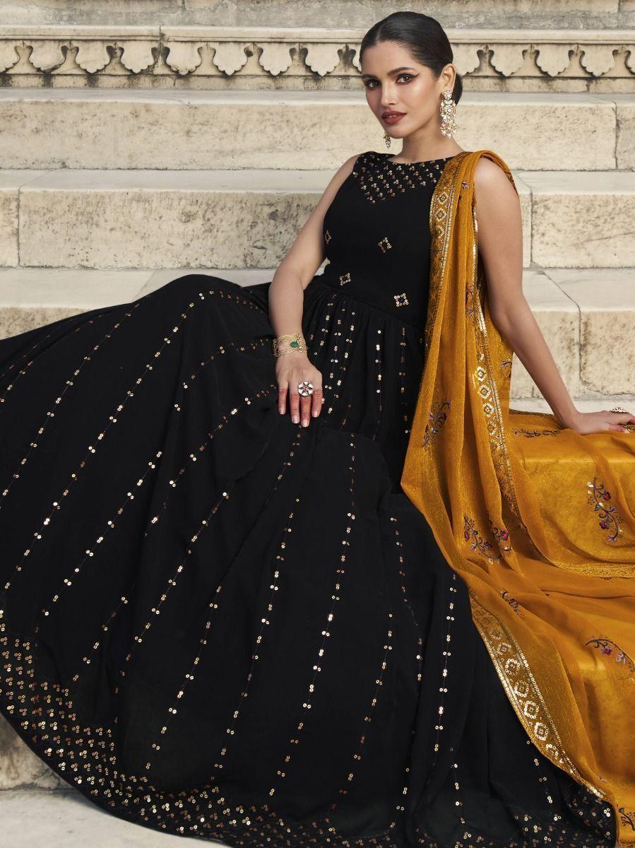 Black Sequins Work Georgette Festival Wear Gown With Dupatta