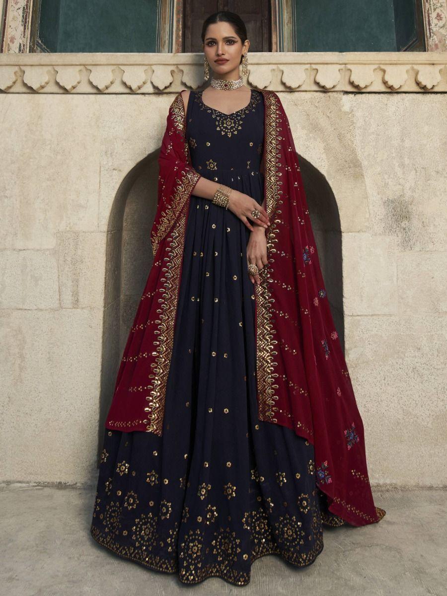 Navy Blue Sequins Work Georgette Wedding Wear Gown With Dupatta