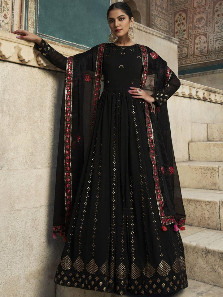 Black Sequins Embroidered Georgette Wedding Wear Gown