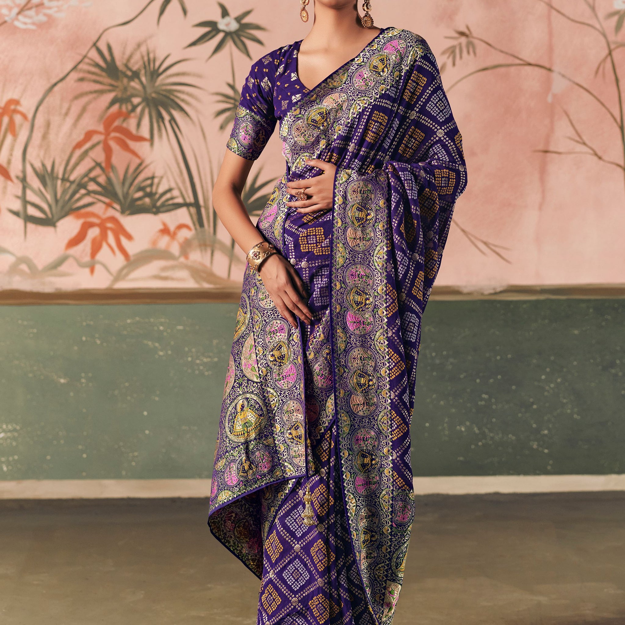 Fanatics Purple Zari Weaving Work Silk Function Wear Saree With Blouse