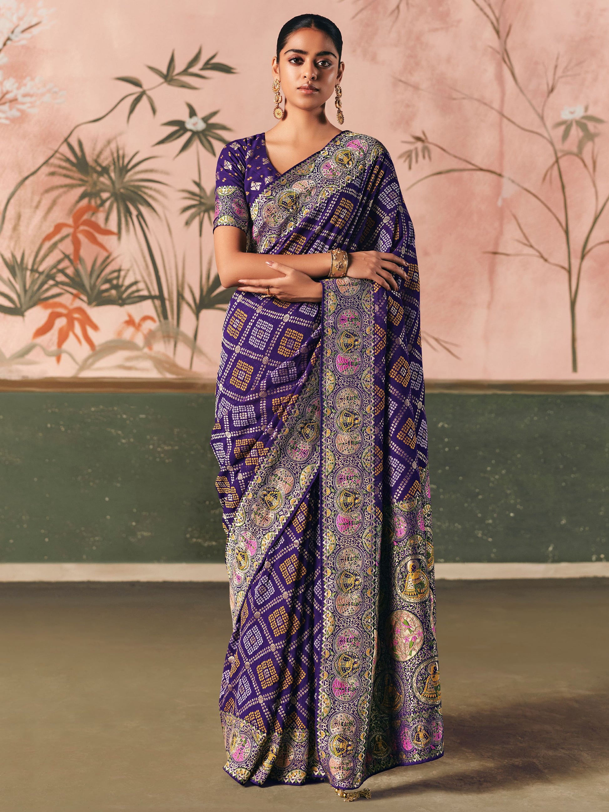 Fanatics Purple Zari Weaving Work Silk Function Wear Saree With Blouse