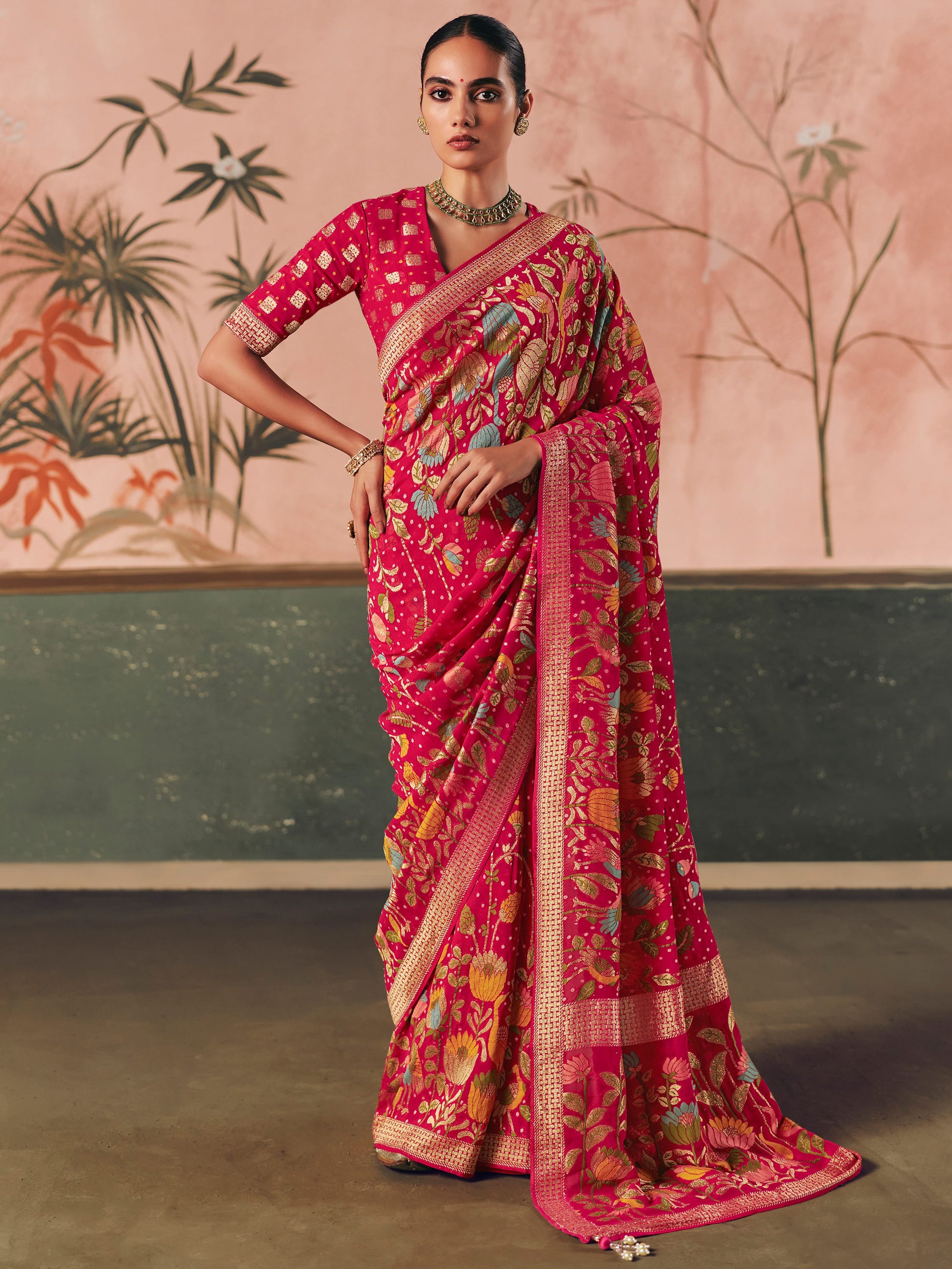 Beautiful Rani Pink Zari Weaving Silk Reception Wear Saree With Blouse