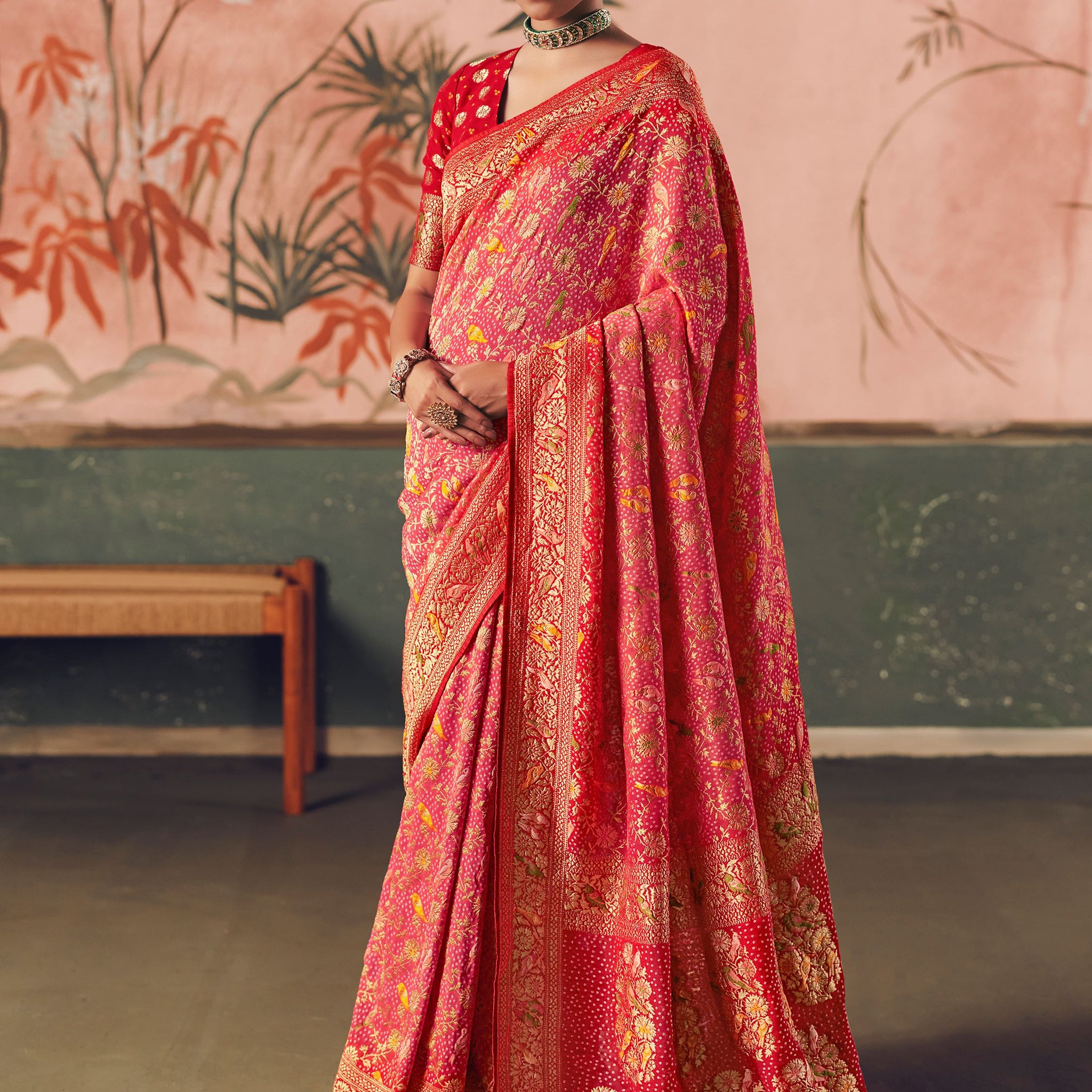 Lovable Coral Red Zari Weaving Silk Wedding Wear Saree With Blouse
