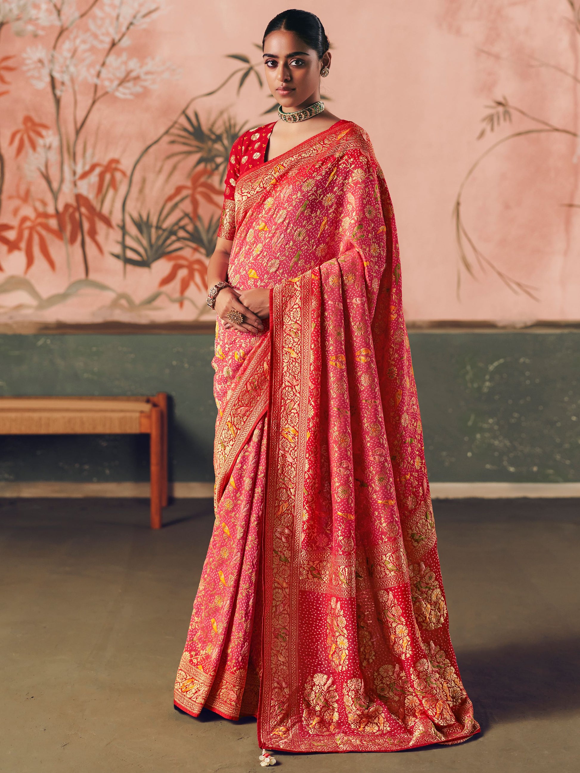 Lovable Coral Red Zari Weaving Silk Wedding Wear Saree With Blouse