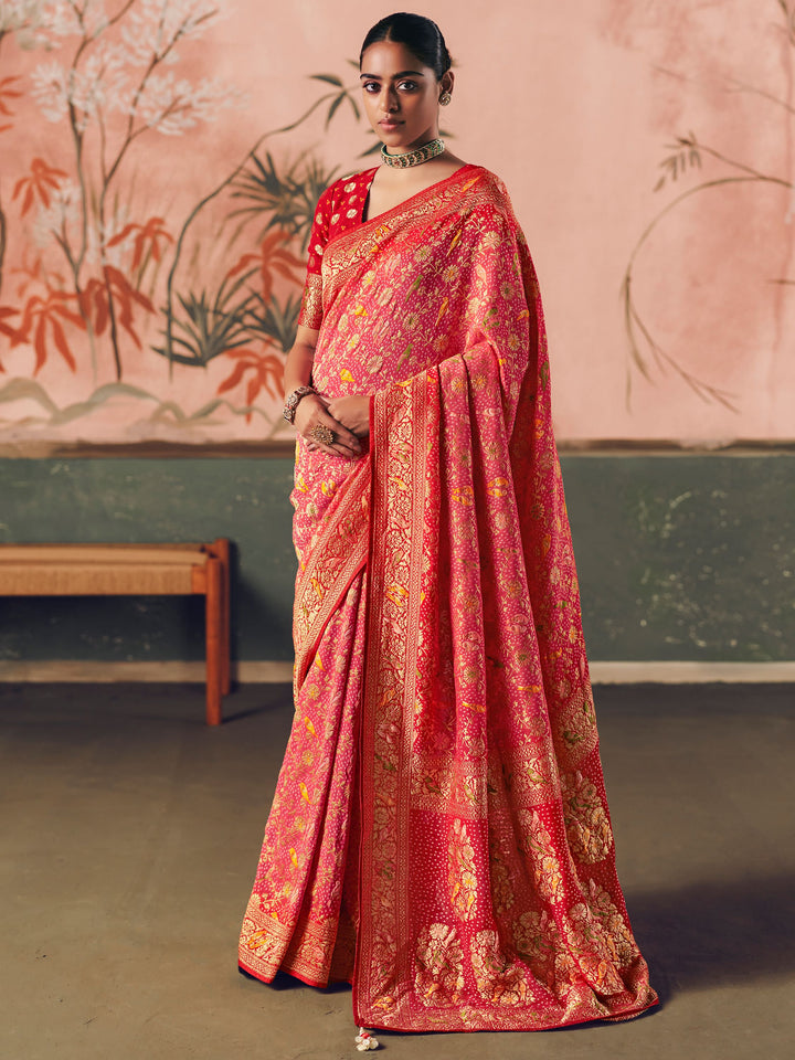 Lovable Coral Red Zari Weaving Silk Wedding Wear Saree With Blouse