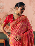 Lovable Coral Red Zari Weaving Silk Wedding Wear Saree With Blouse