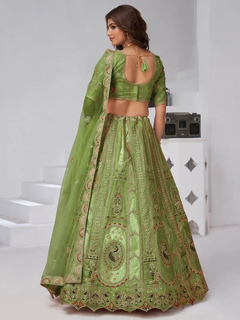 Pretty Olive Green Dori Work Banarasi Silk Mehendi Wear Lehenga With Blouse