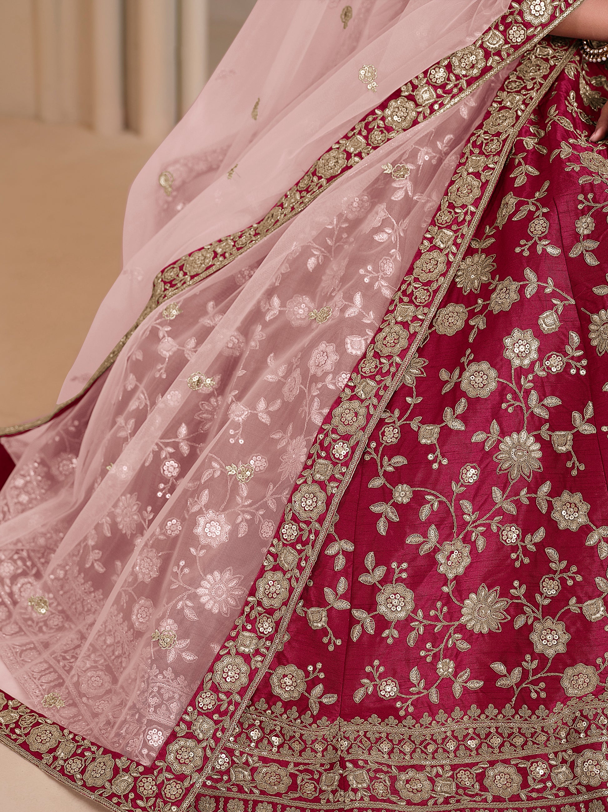 Wonderful Pink Embroidered Silk Wedding Lehenga Choli With Dupatta