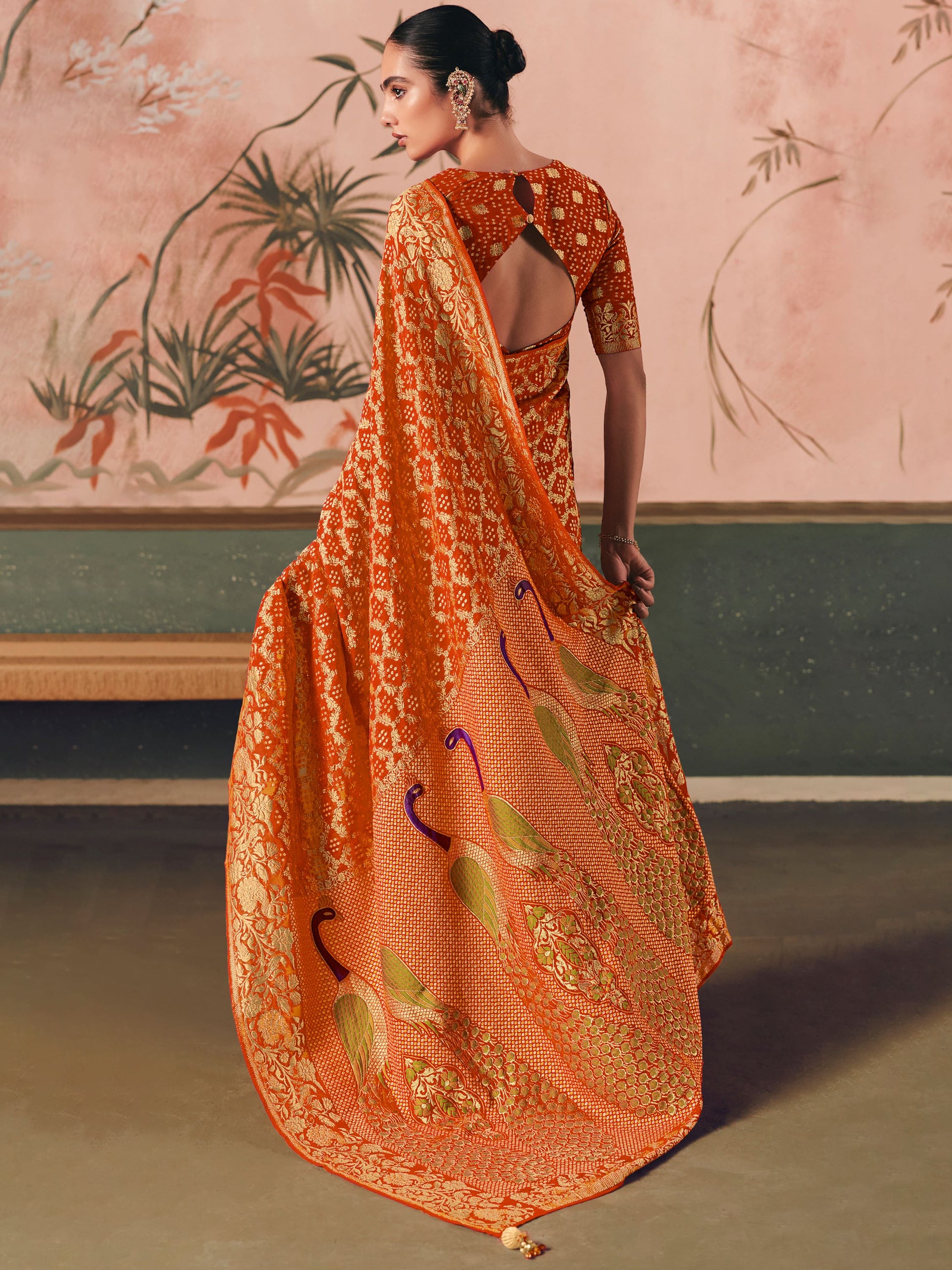 Adorable Orange Zari Weaving Work Silk Festive Wear Saree With Blouse